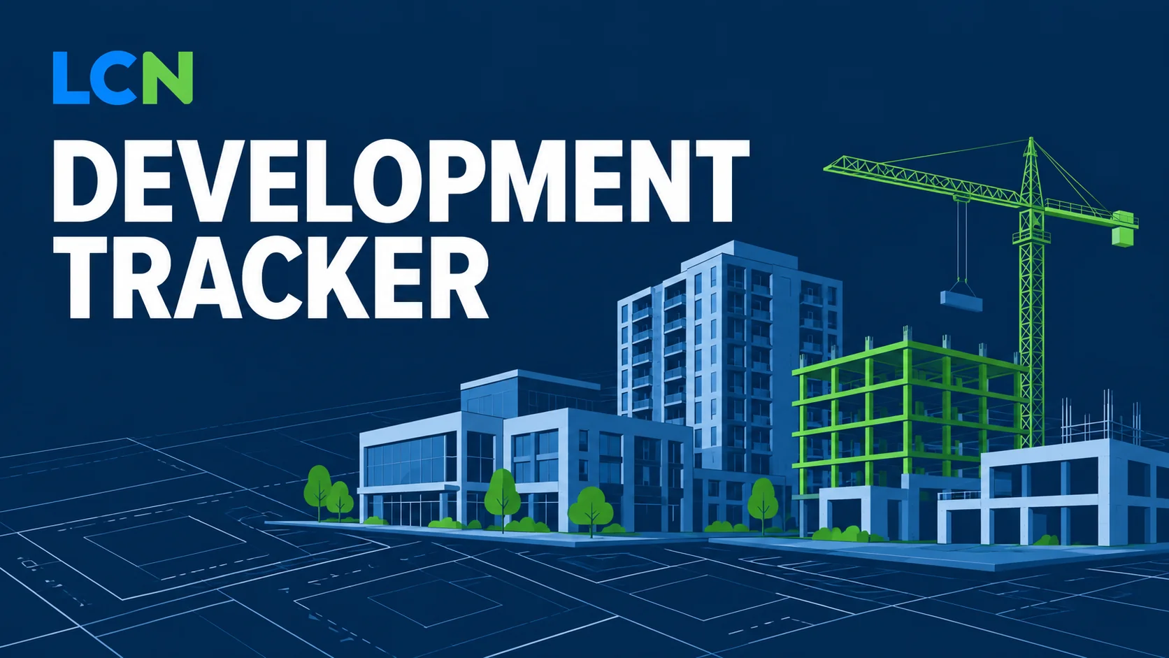 Development Tracker — illustrated buildings and construction crane